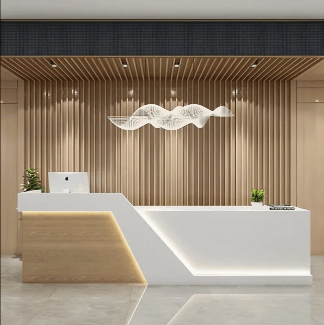 Premium aesthetic clinic reception with warm natural light and an elegant front desk